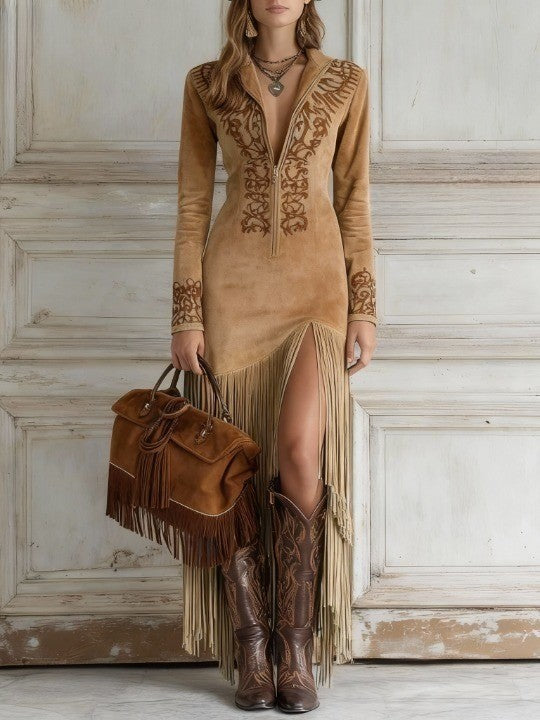 Abito Maxi in Faux Suede Ricamato con Mezza Zip