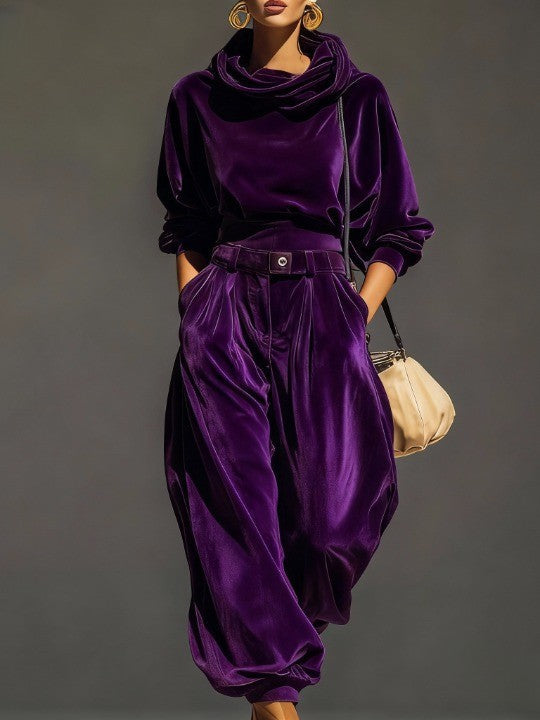 Set di felpa in velluto marrone vintage e pantaloni larghi (Include cintura)