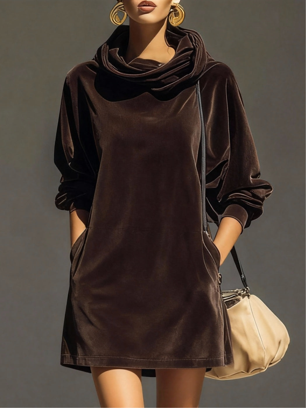 Hoodie in velluto marrone vintage, abito mini loose