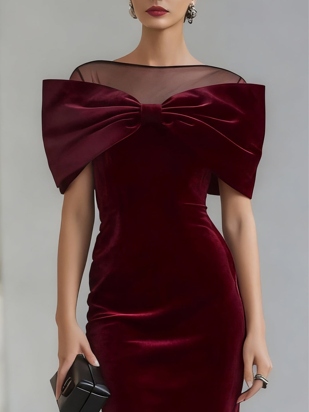 ABITO MIDI IN VELLUTO BURGUNDY DRAMMATICO CON FIocco