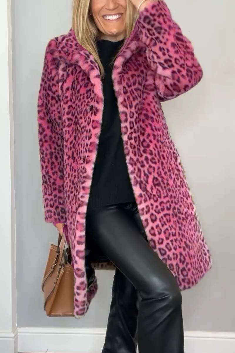 Cappotto in pelliccia sintetica a metà lunghezza con stampa leopardata elegante