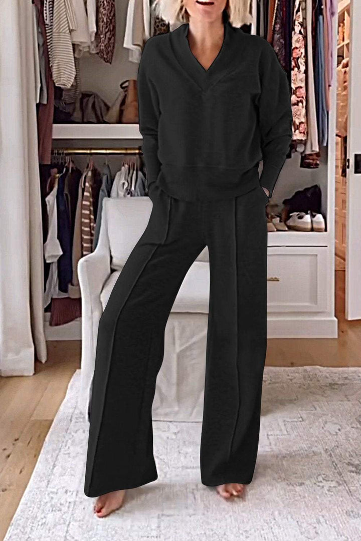 Set di Top e Pantaloni a V Collo di Colore Solido