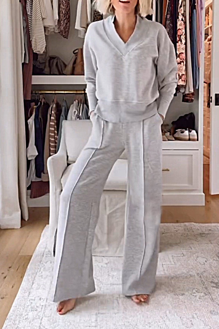 Set di Top e Pantaloni a V Collo di Colore Solido