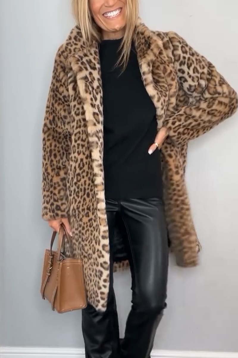 Cappotto in pelliccia sintetica a metà lunghezza con stampa leopardata elegante