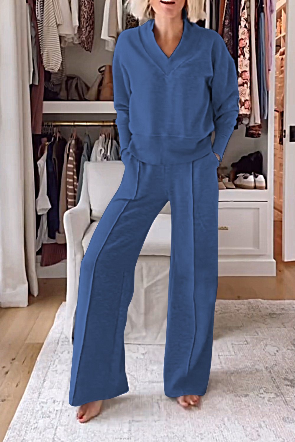 Set di Top e Pantaloni a V Collo di Colore Solido