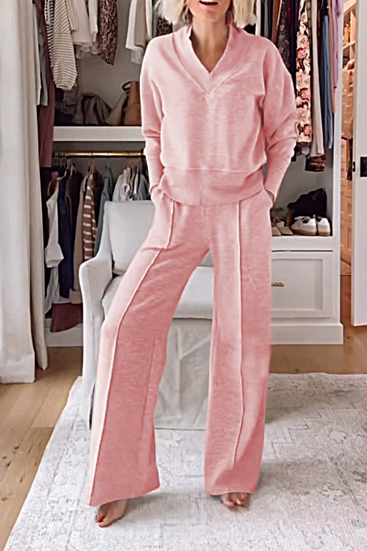 Set di Top e Pantaloni a V Collo di Colore Solido