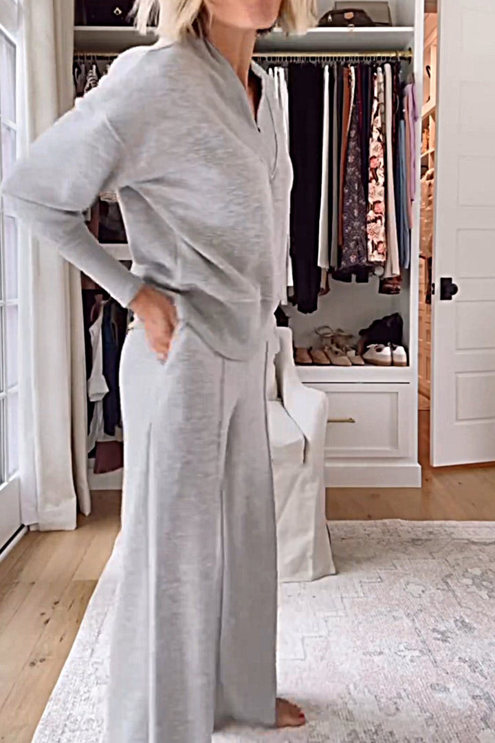 Set di Top e Pantaloni a V Collo di Colore Solido