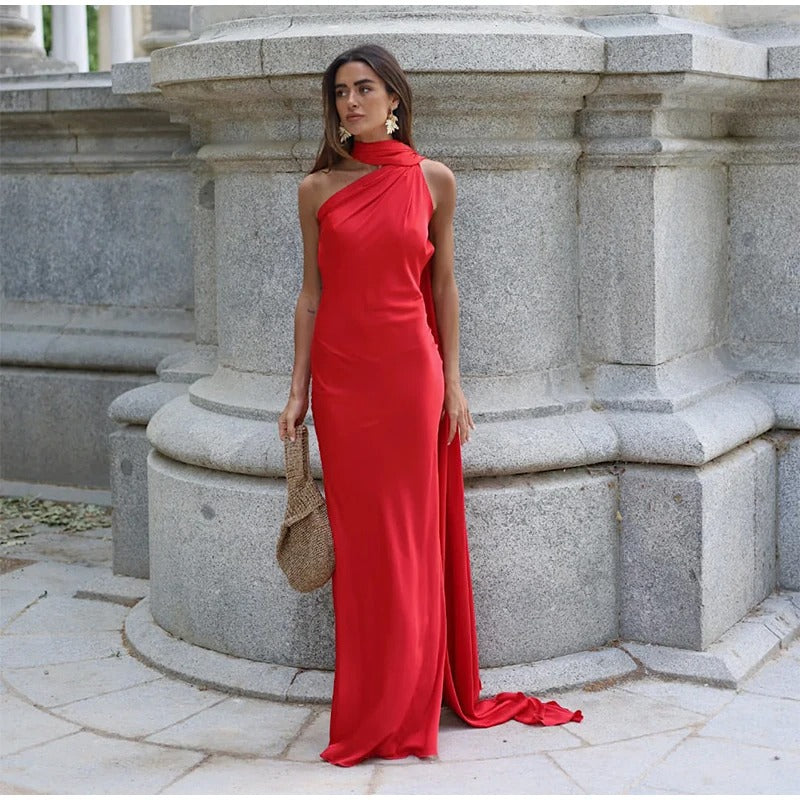 Vittoria Vestito Maxi Satinato Asimmetrico