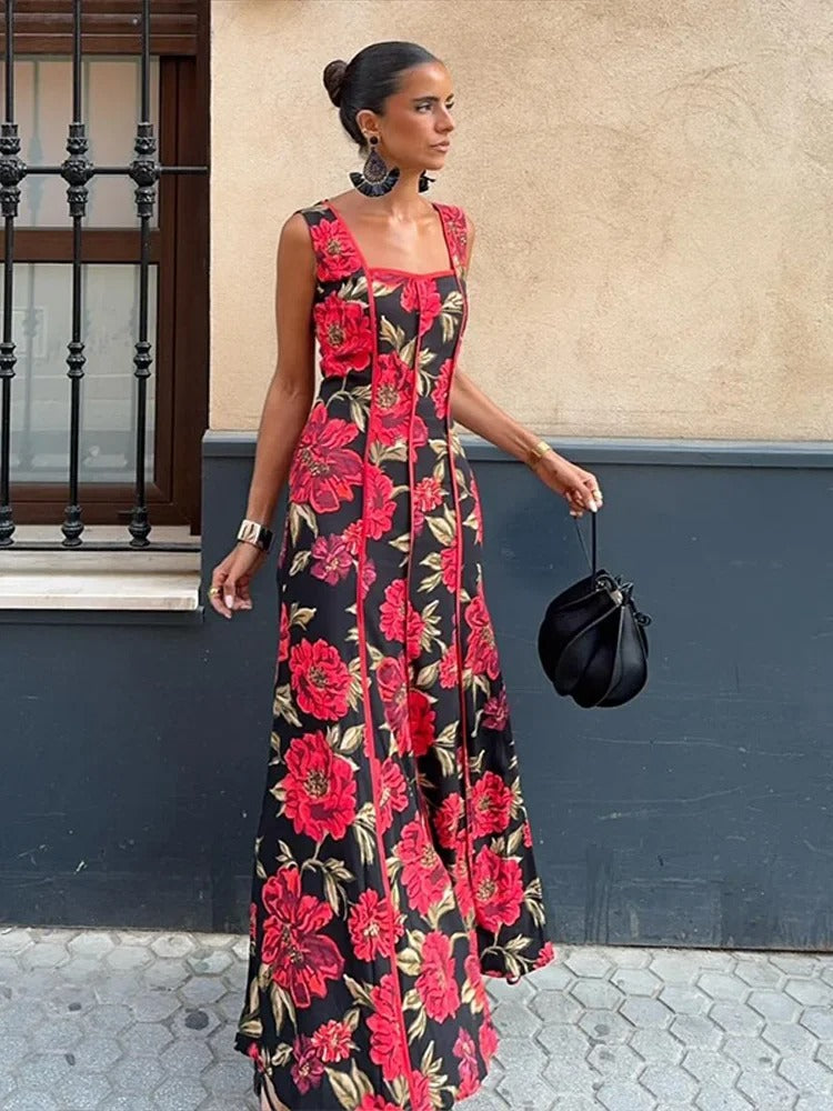 Valeria Vestito Maxi Floreale con Scollatura Quadrata