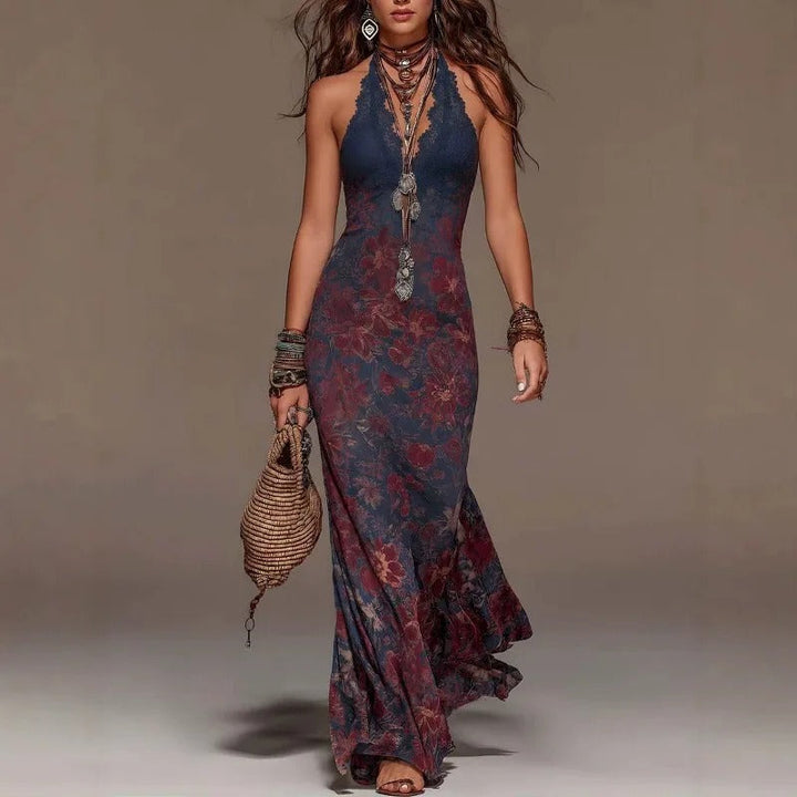 Celeste Vestito Bohemio Floreale