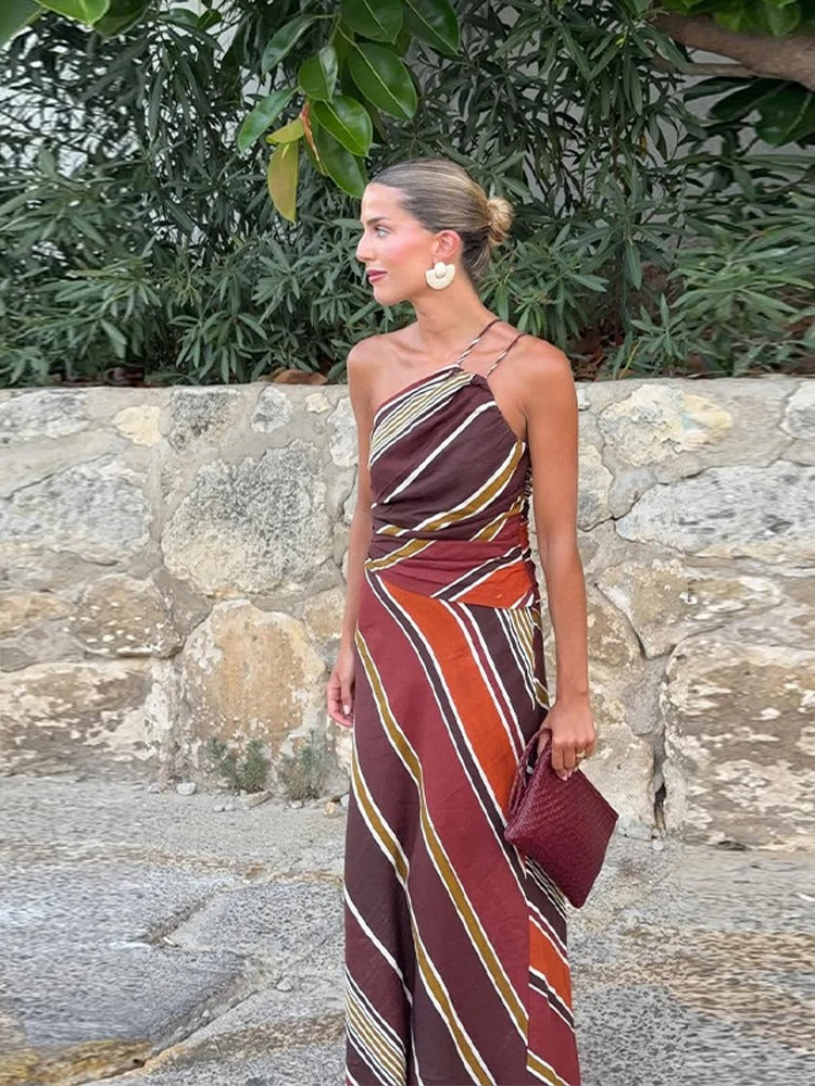 Adriana Vestito Maxi Asimmetrico con Stampa a Righe