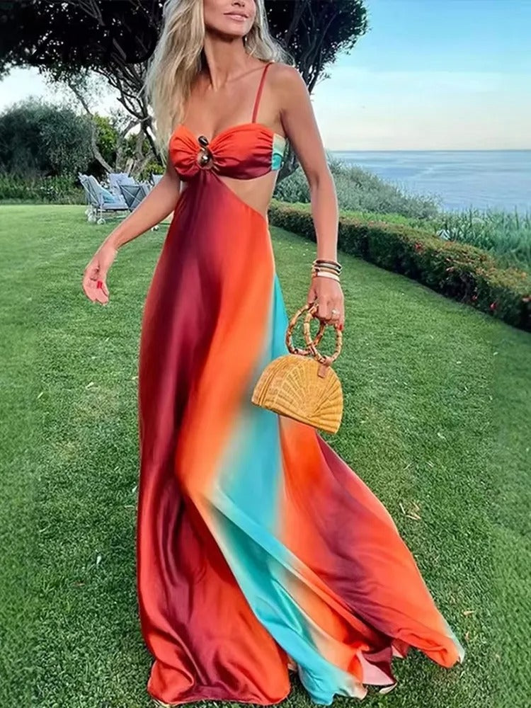 Zahara Vestito Maxi Satinato Degradato con Aberture