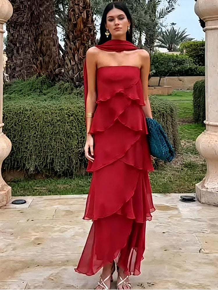 Amira Vestito Maxi con Volant in Rosso