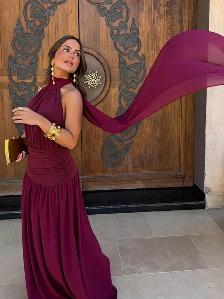 Elena Vestito Maxi Halter con Vita Arricciata