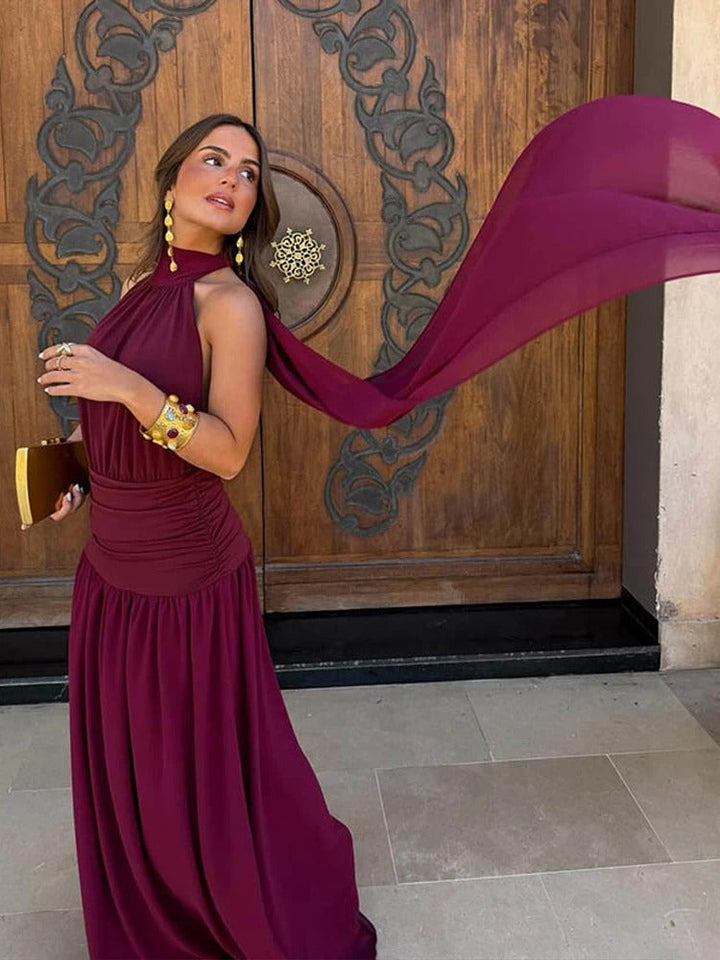 Elena Vestito Maxi Halter con Vita Arricciata