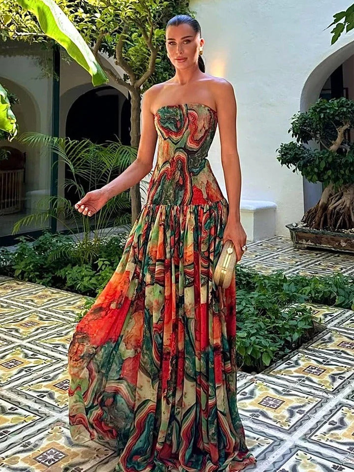 Isadora Vestito Maxi A Parola d'Onore con Stampa Artistica
