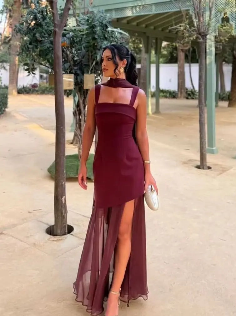 Celia Vestito Maxi Borgogna con Dettaglio di Fiocco e Gonna in Georgette