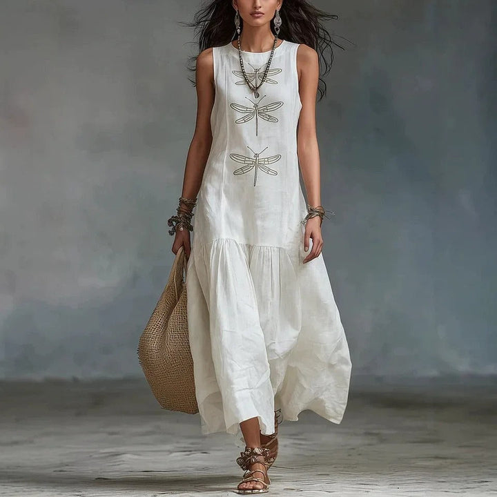 Daniela Vestito Midi Bohemien con Stampa di Libellule