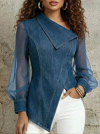 Clara blusa in denim asimmetrica con maniche trasparenti