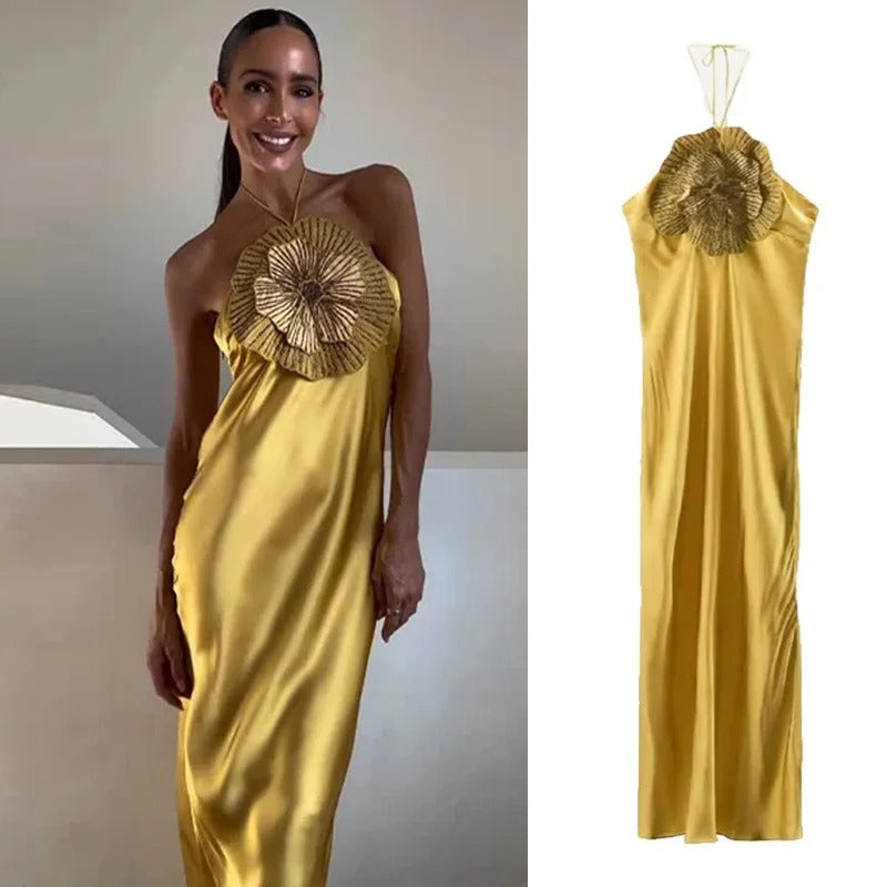 Solenne Vestito Maxi Satinato con Fiore Halter