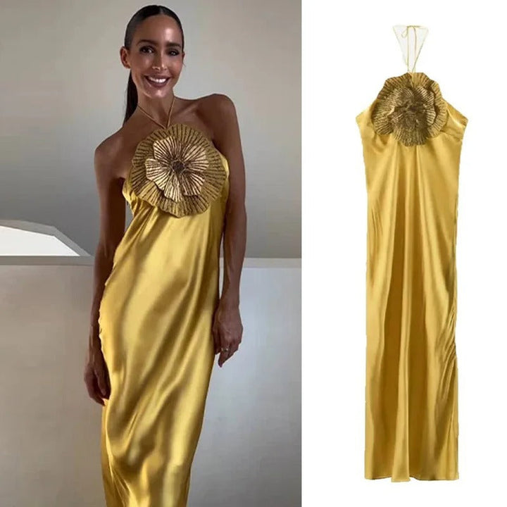 Solenne Vestito Maxi Satinato con Fiore Halter