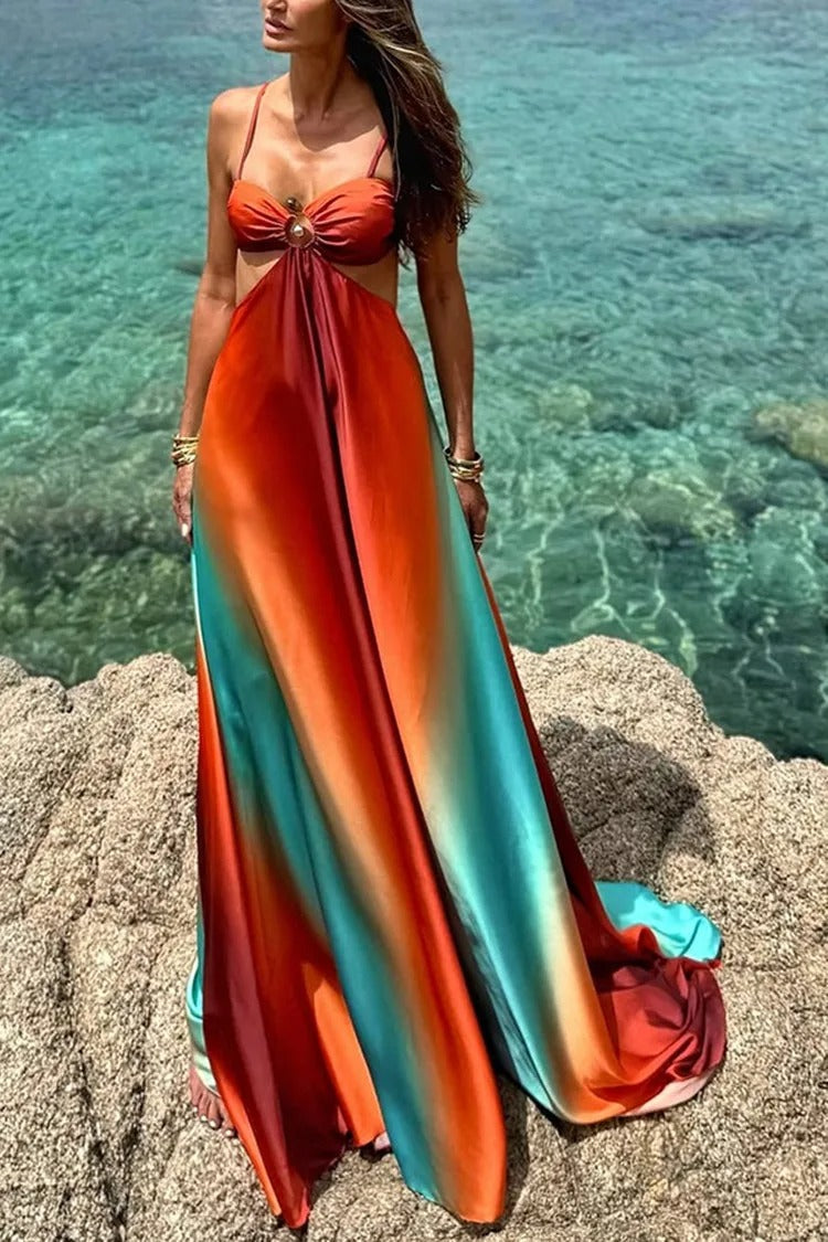 Zahara Vestito Maxi Satinato Degradato con Aberture