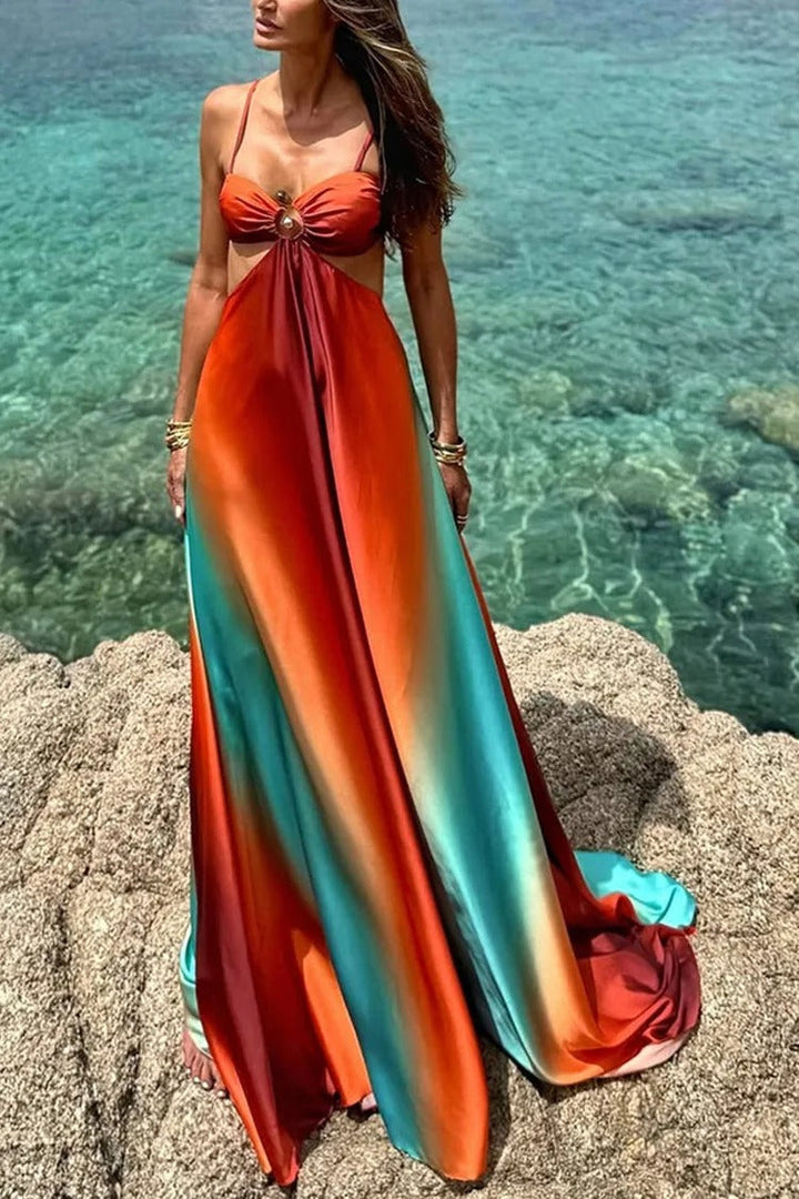 Zahara Vestito Maxi Satinato Degradato con Aberture