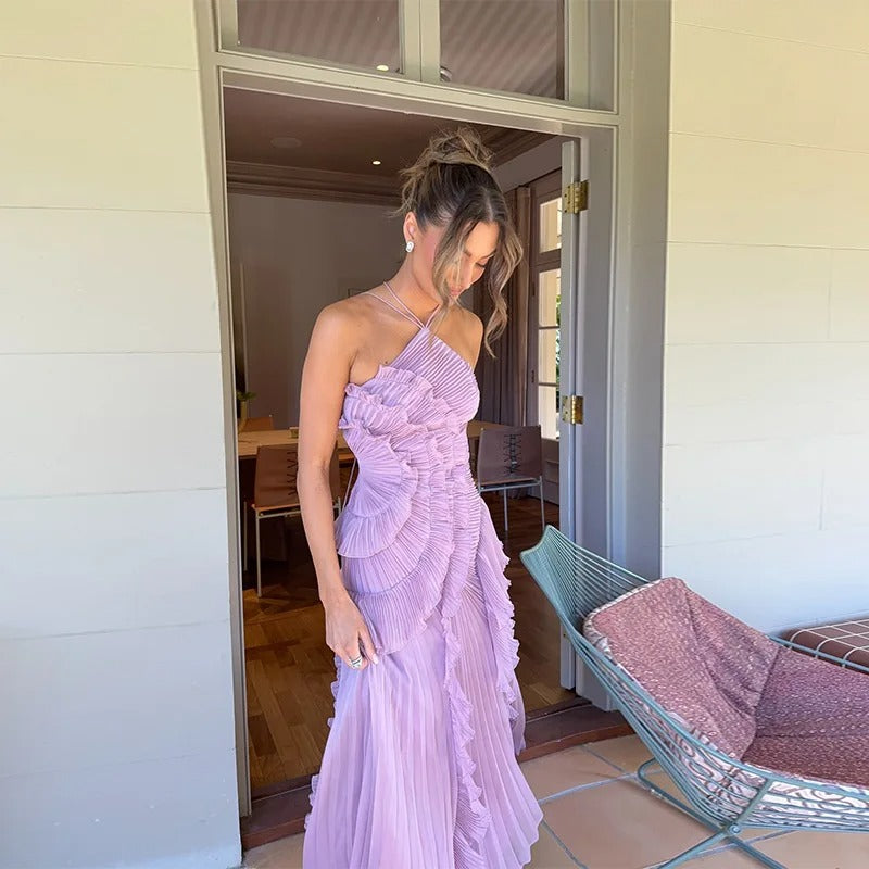 Celeste Vestito Maxi Plissettato con Volant