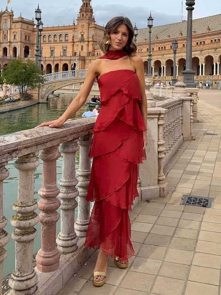 Amira Vestito Maxi con Volant in Rosso