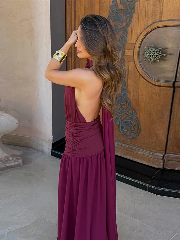 Elena Vestito Maxi Halter con Vita Arricciata
