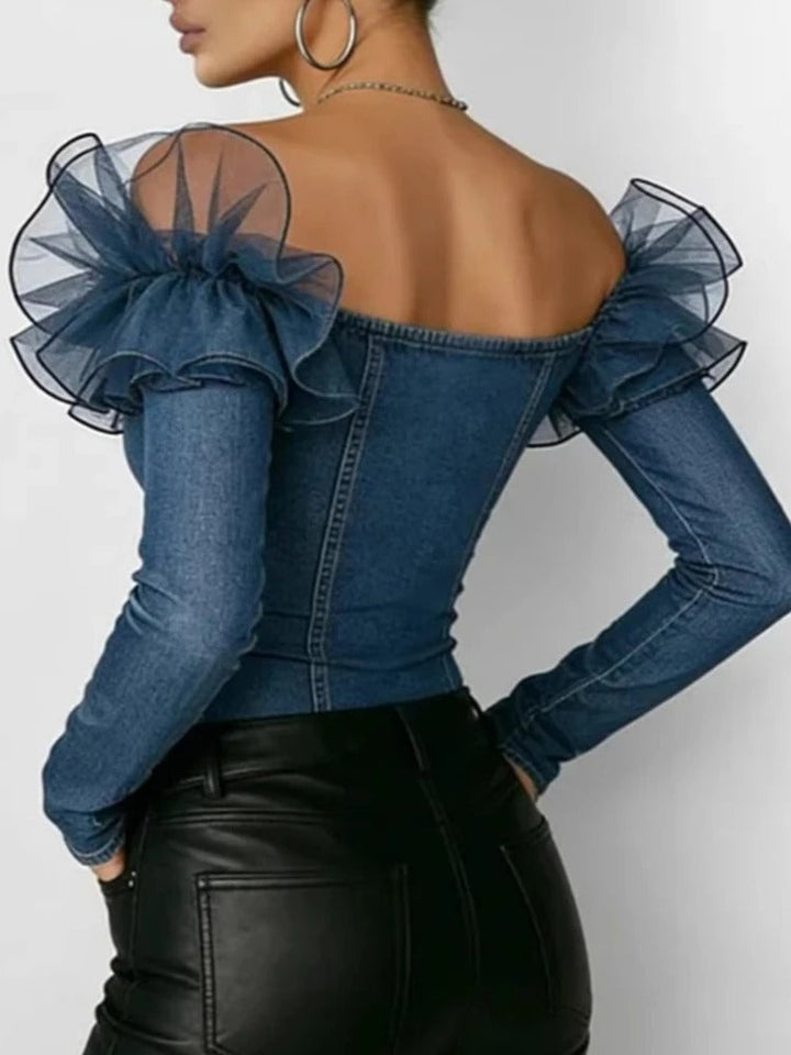 Mireia Blusa in Denim con Volant in Tulle