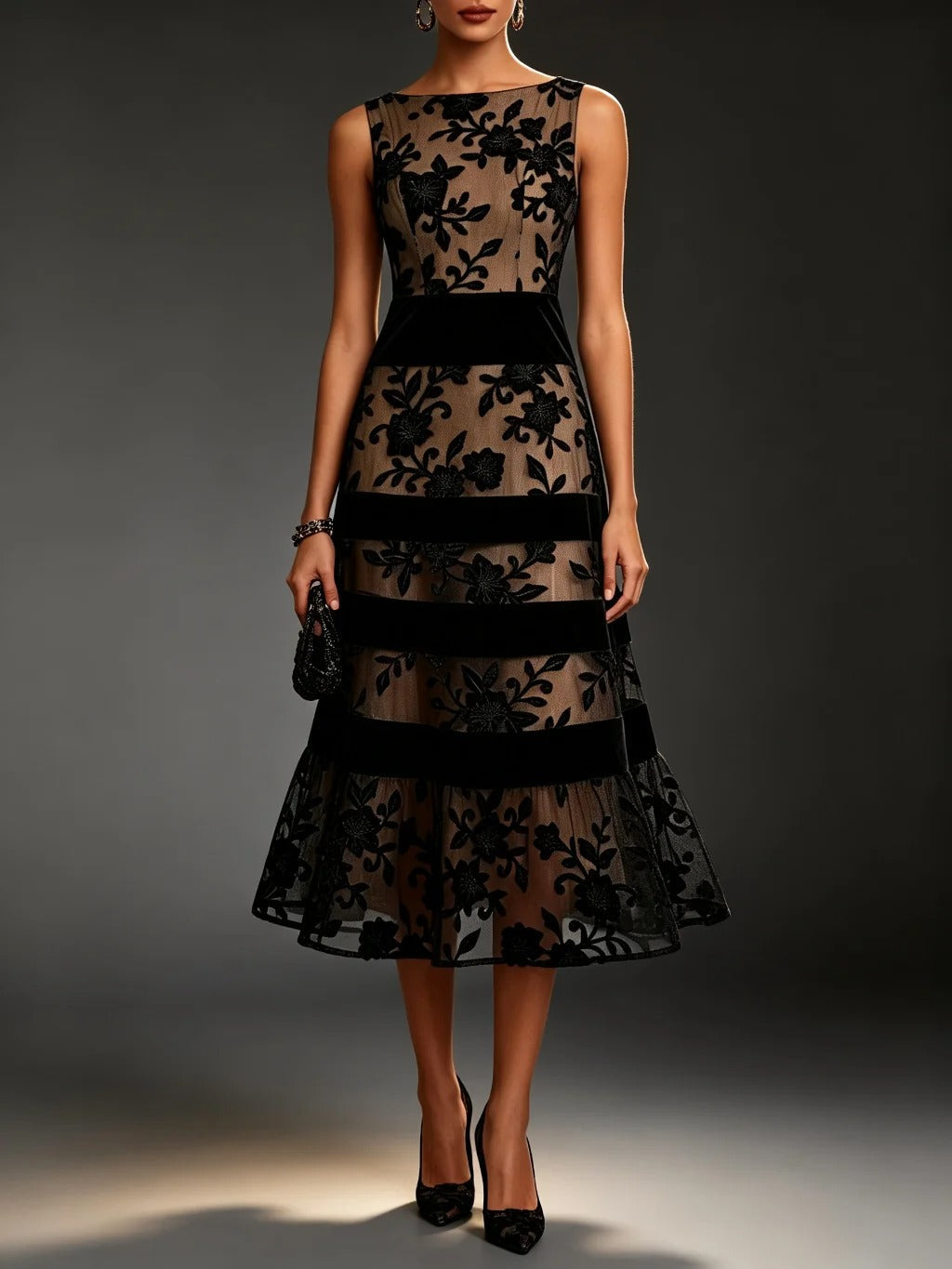 Odette Vestito Midi in Tulle Ricamato Floreale