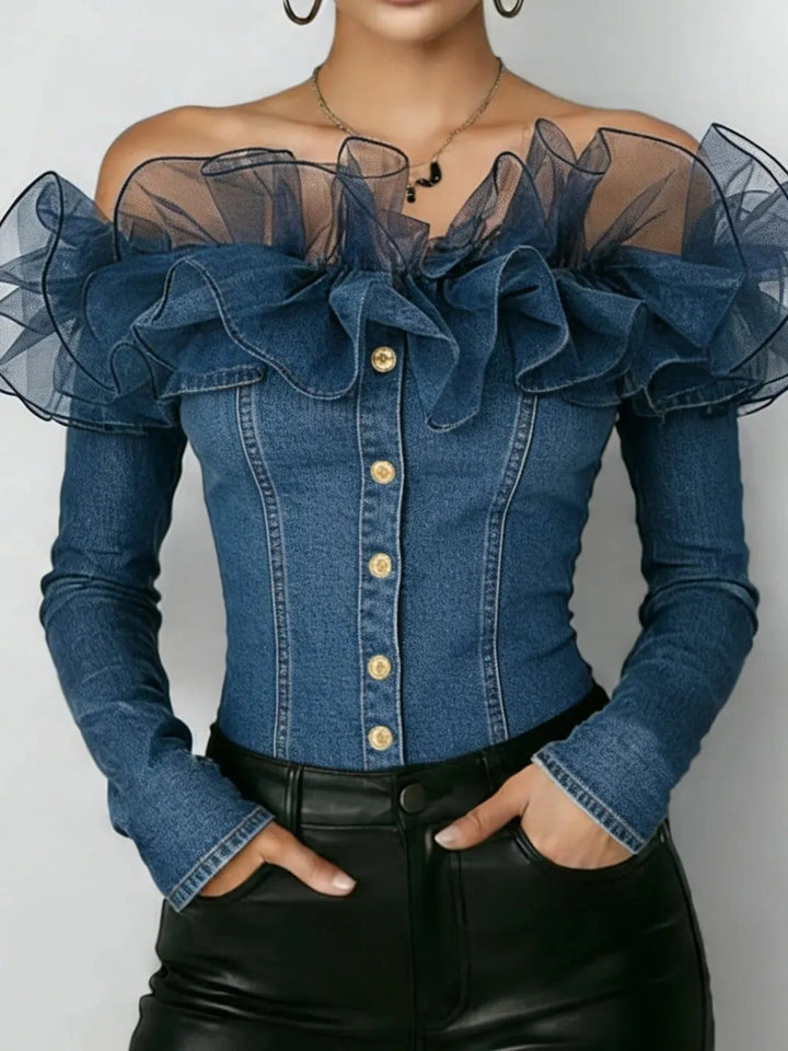 Mireia Blusa in Denim con Volant in Tulle