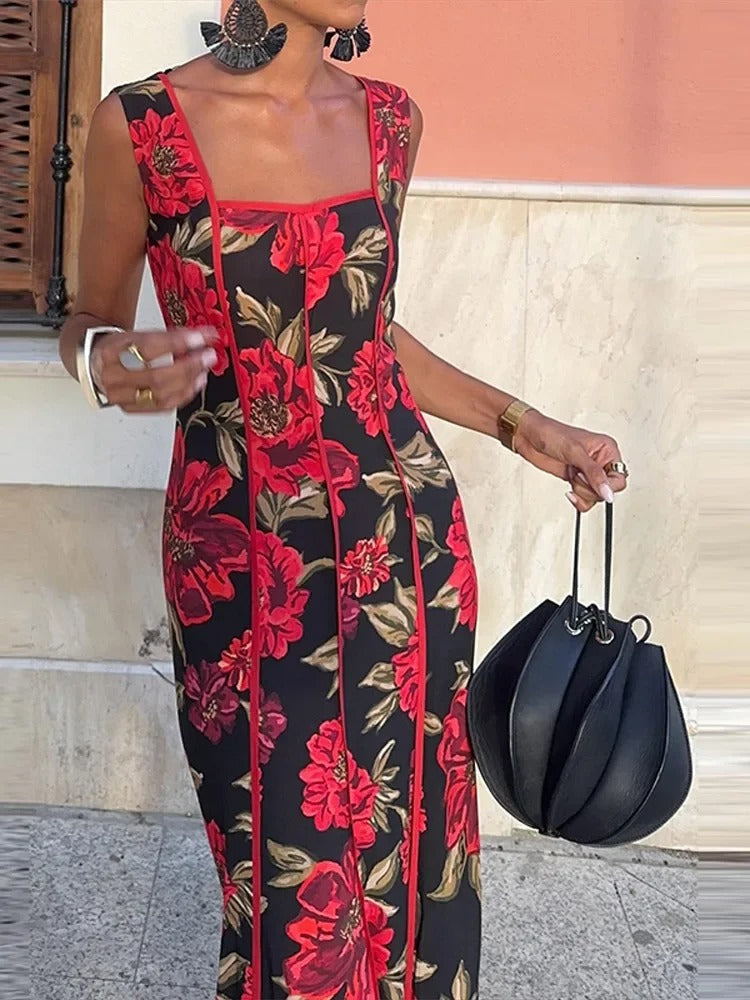 Valeria Vestito Maxi Floreale con Scollatura Quadrata