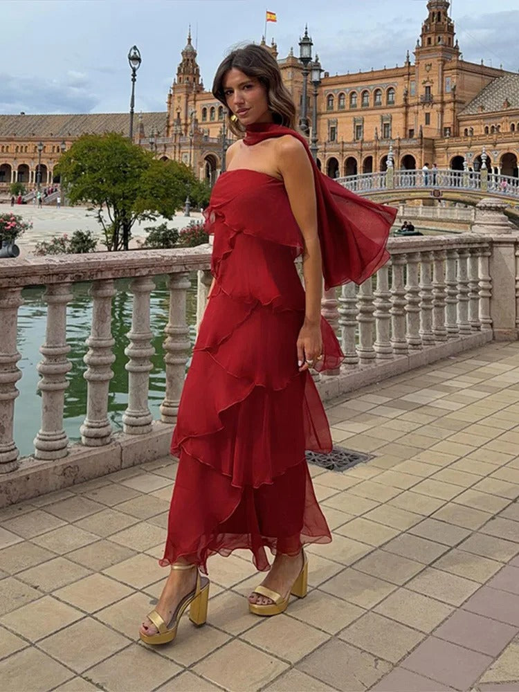 Amira Vestito Maxi con Volant in Rosso