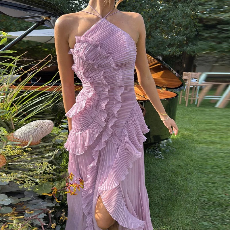 Celeste Vestito Maxi Plissettato con Volant