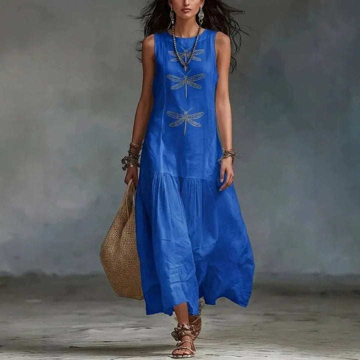 Daniela Vestito Midi Bohemien con Stampa di Libellule