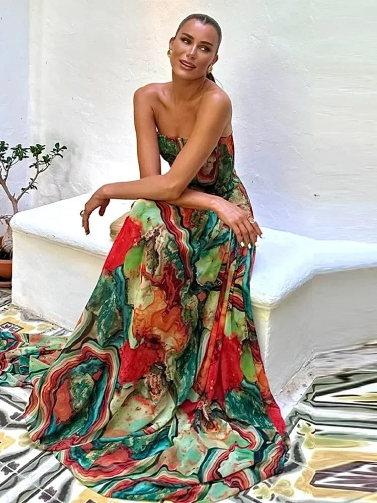 Isadora Vestito Maxi A Parola d'Onore con Stampa Artistica