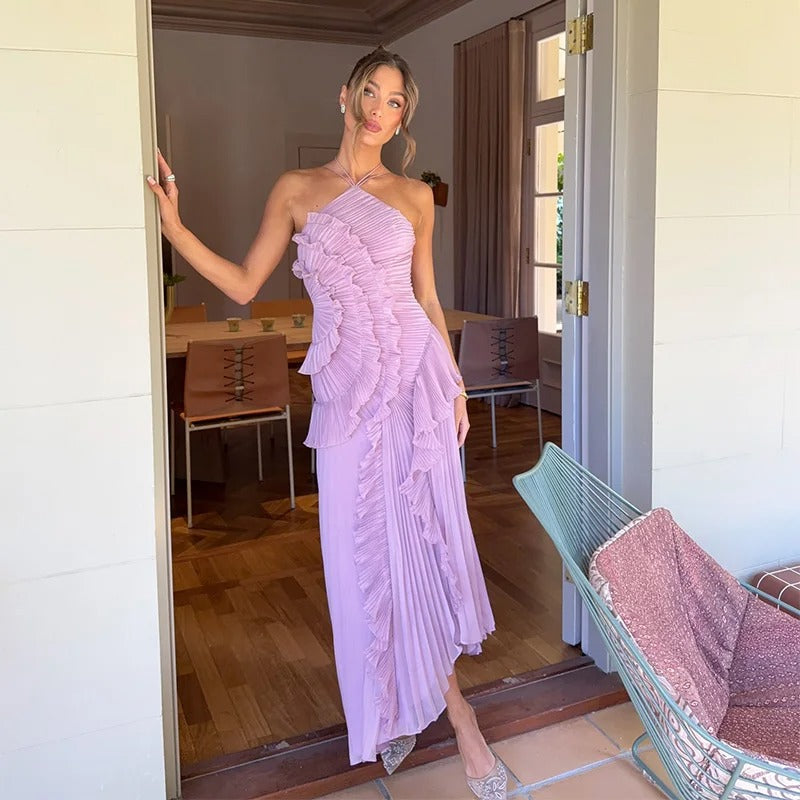 Celeste Vestito Maxi Plissettato con Volant