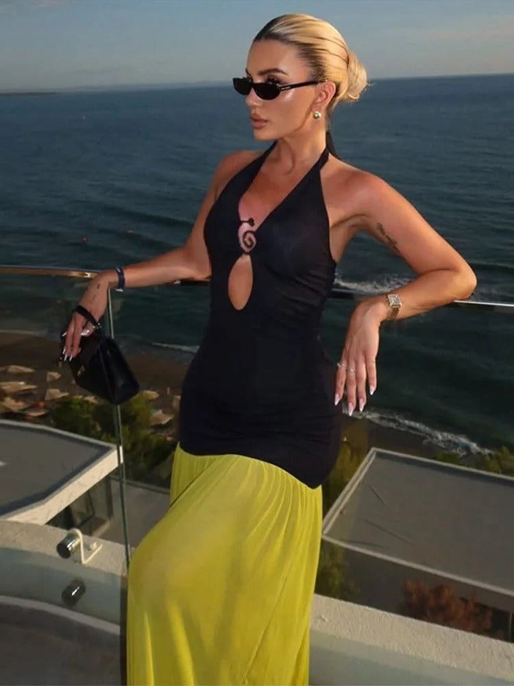 Nerea Vestito Maxi Halter con Dettagli in Contrasto