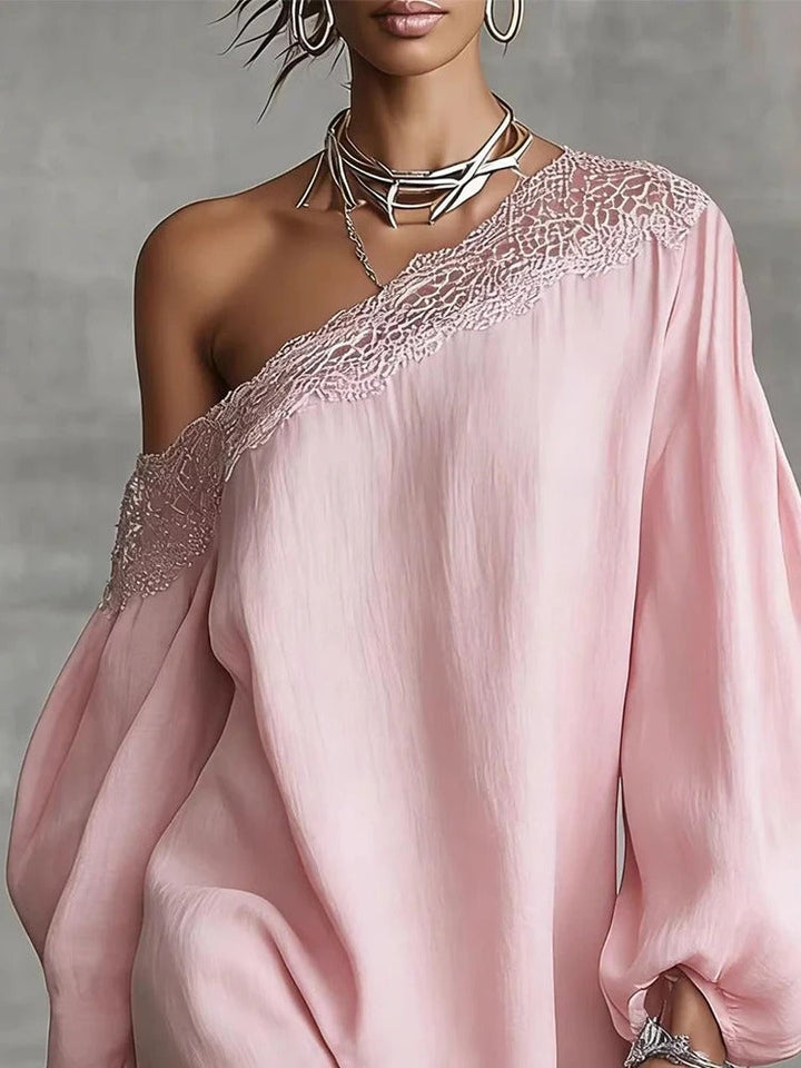 Olivia Vestito Mini in Pizzo con Spalle Scoperte e Maniche Voluminose