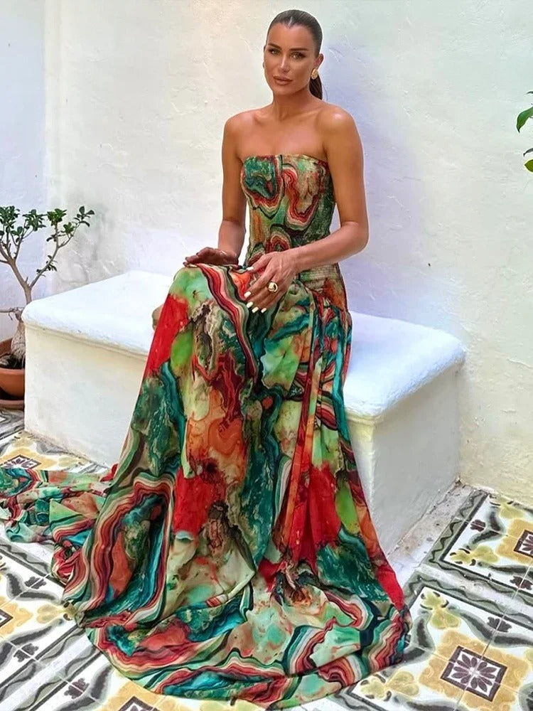 Isadora Vestito Maxi A Parola d'Onore con Stampa Artistica