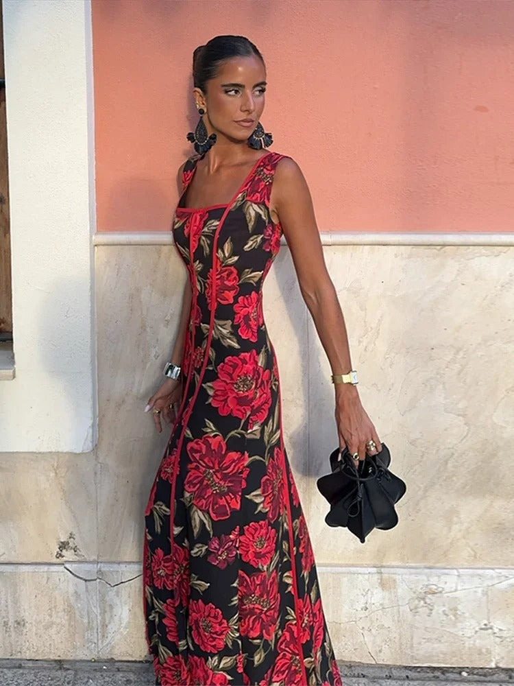 Valeria Vestito Maxi Floreale con Scollatura Quadrata