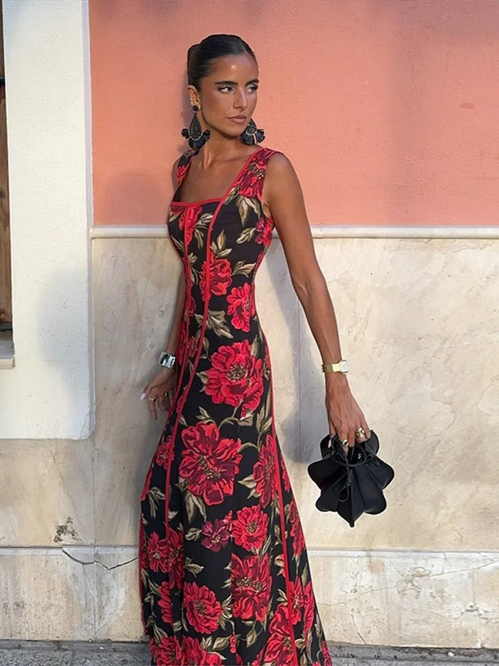 Valeria Vestito Maxi Floreale con Scollatura Quadrata