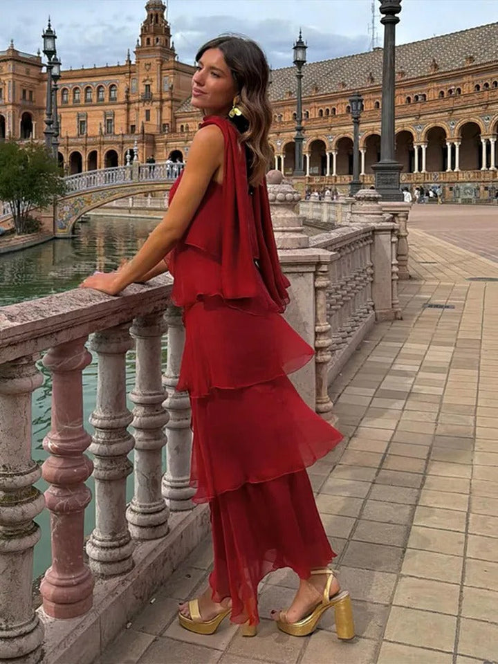 Amira Vestito Maxi con Volant in Rosso