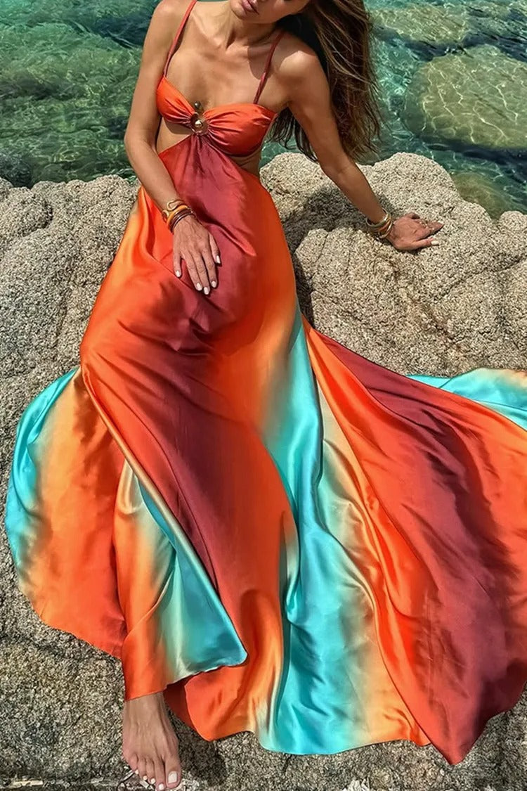Zahara Vestito Maxi Satinato Degradato con Aberture