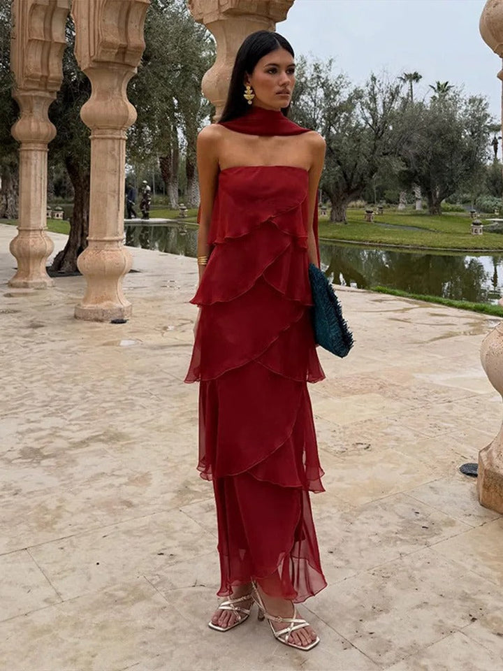 Amira Vestito Maxi con Volant in Rosso