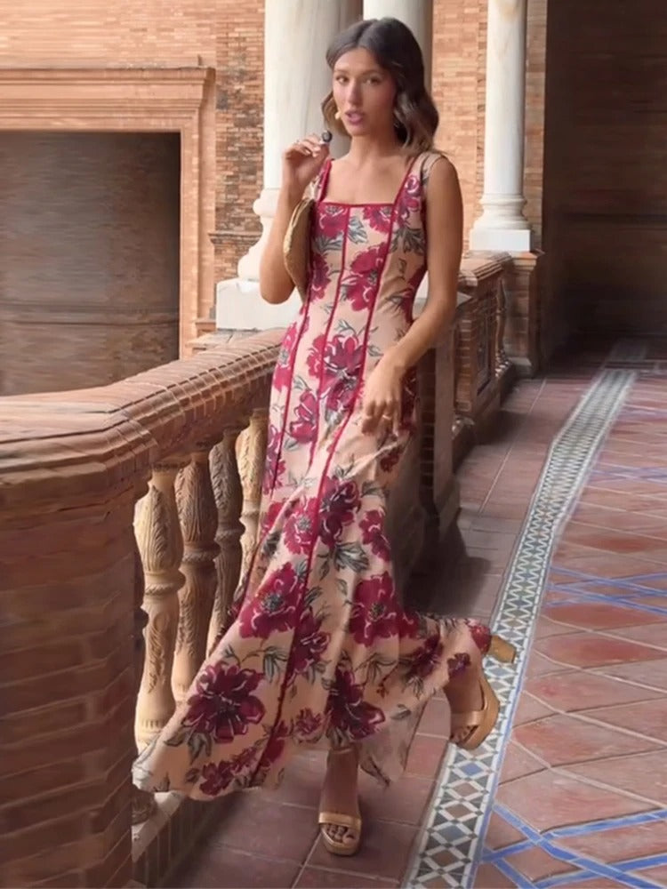 Valeria Vestito Maxi Floreale con Scollatura Quadrata