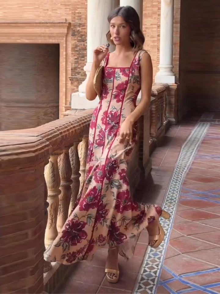 Valeria Vestito Maxi Floreale con Scollatura Quadrata