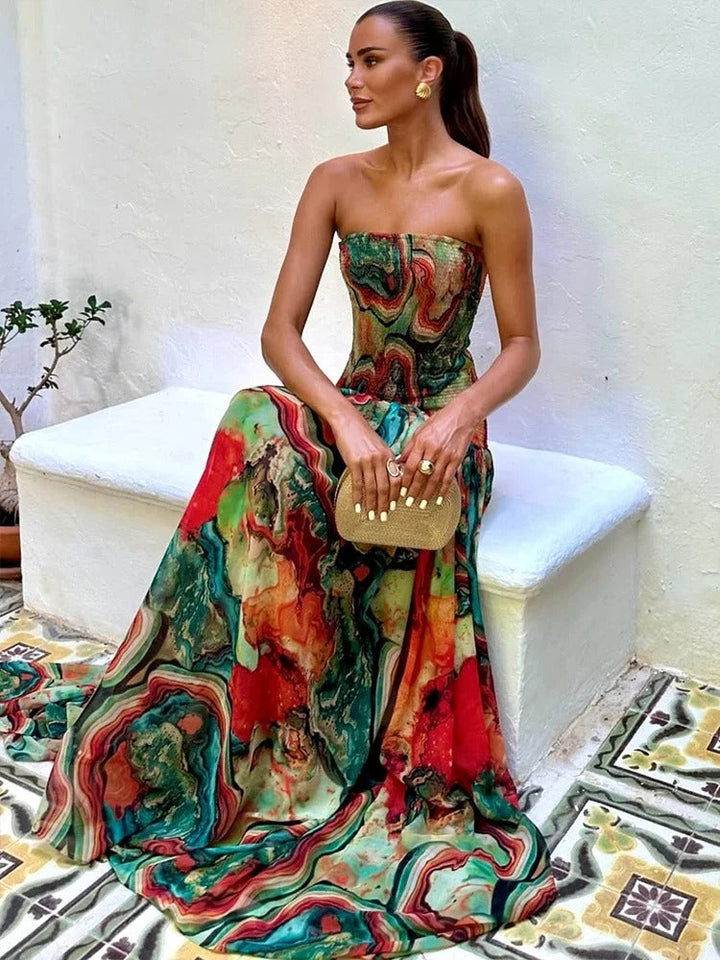 Isadora Vestito Maxi A Parola d'Onore con Stampa Artistica